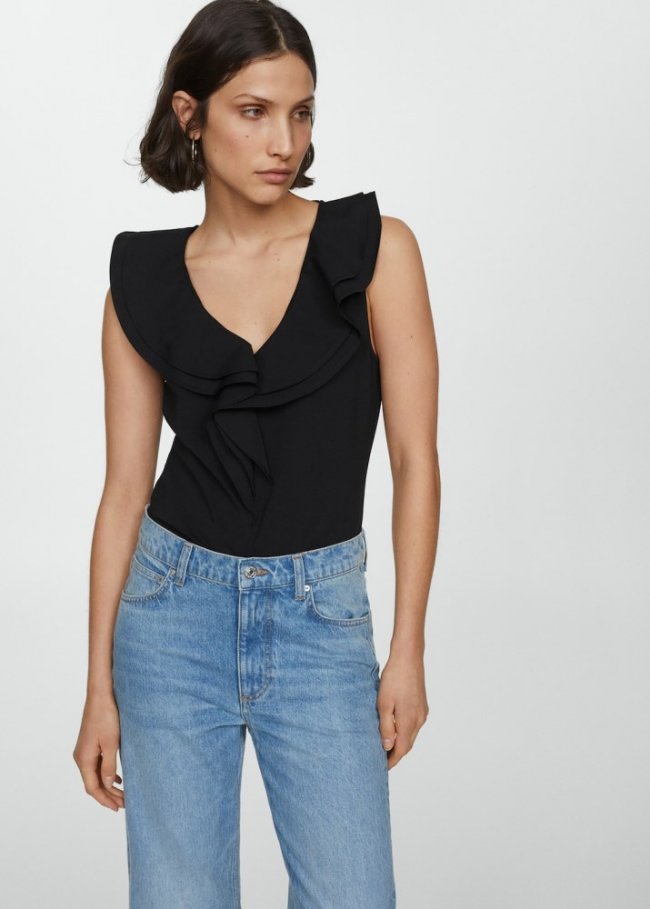 Mango Top algodón volantes - Negro