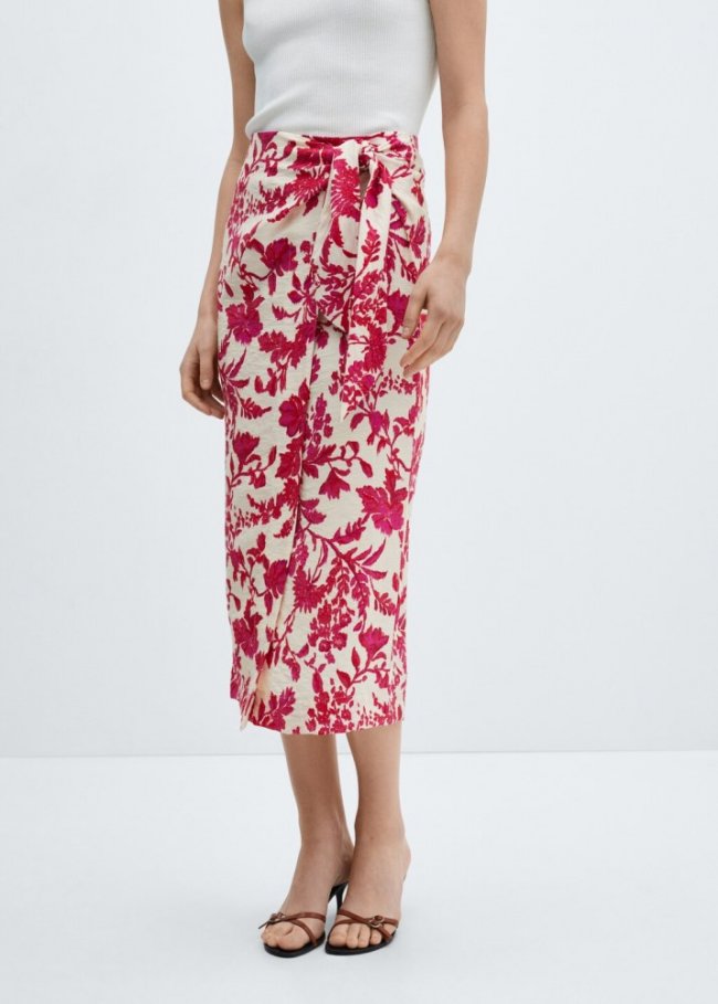 Mango Falda cruzada estampado floral - Rojo coral