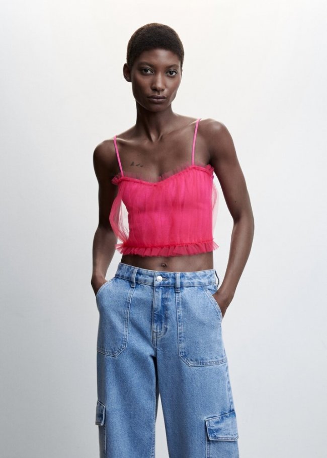 Mango Top gasa escote corazón - Fucsia