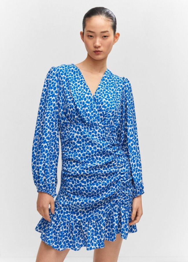 Mango Vestido fruncido estampado - Azul