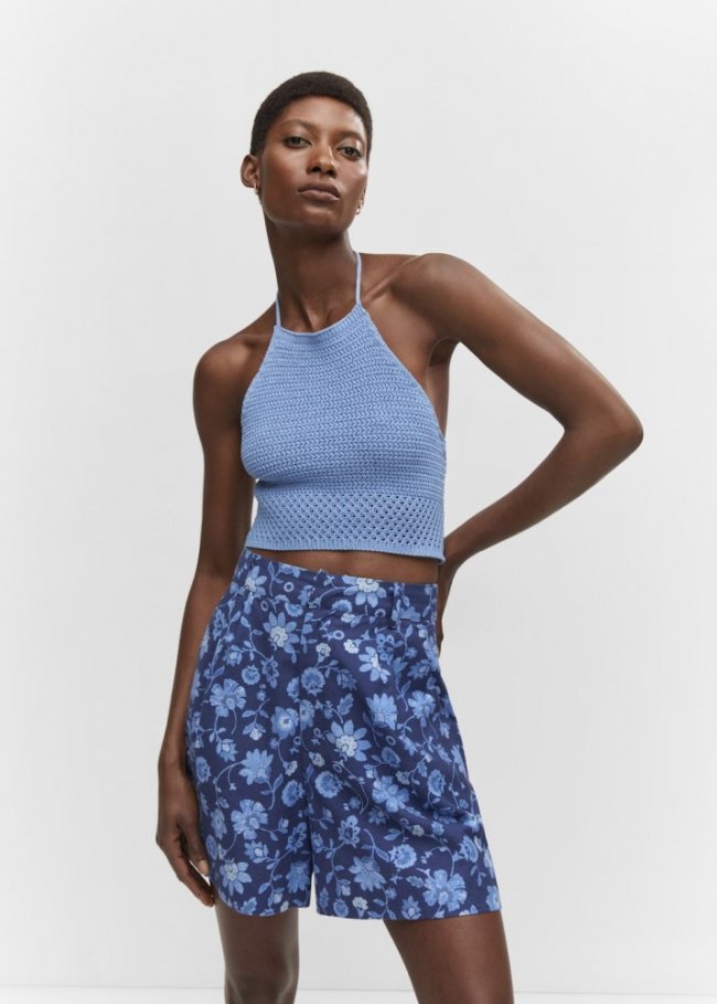 Mango Top crochet cuello halter - Azul celeste