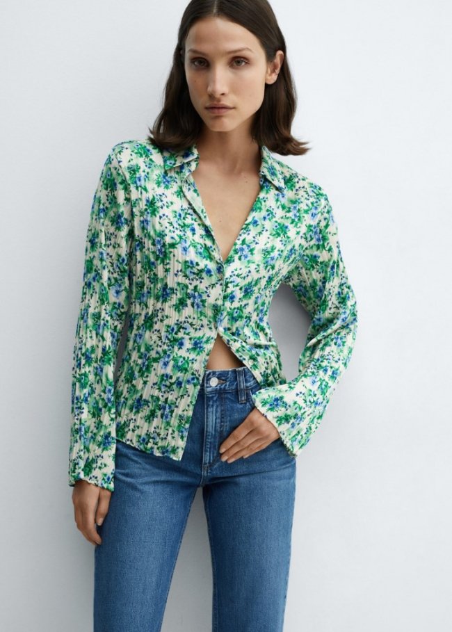 Mango Camisa fruncida estampada - Blanco roto