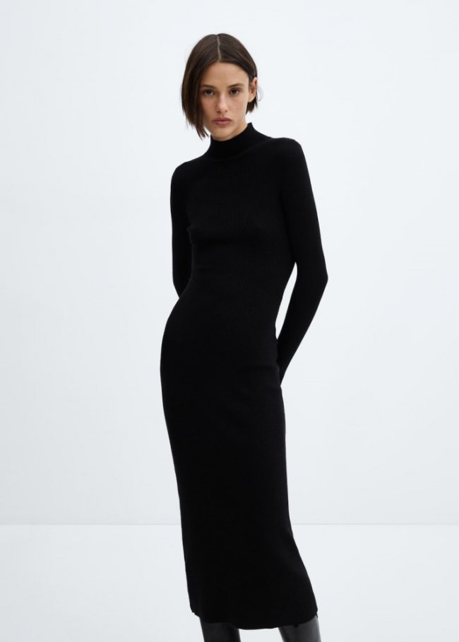 Mango Vestido canalé cuello perkins - Negro
