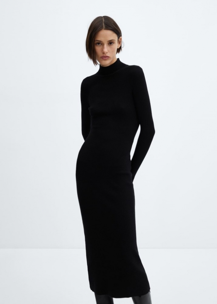 Mango Vestido canalé cuello perkins - Negro