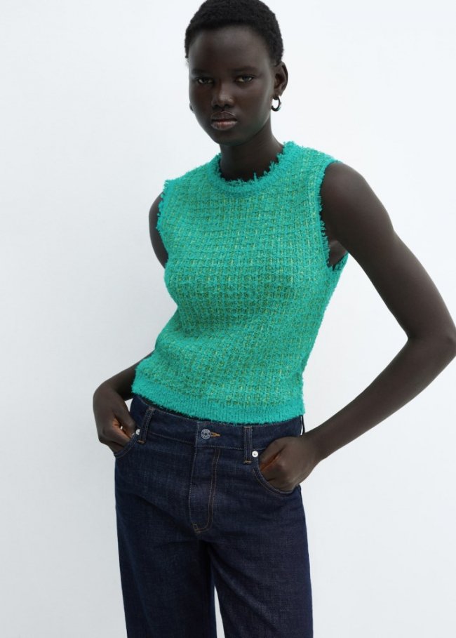 Mango Top tweed detalle deshilachado - Verde pastel