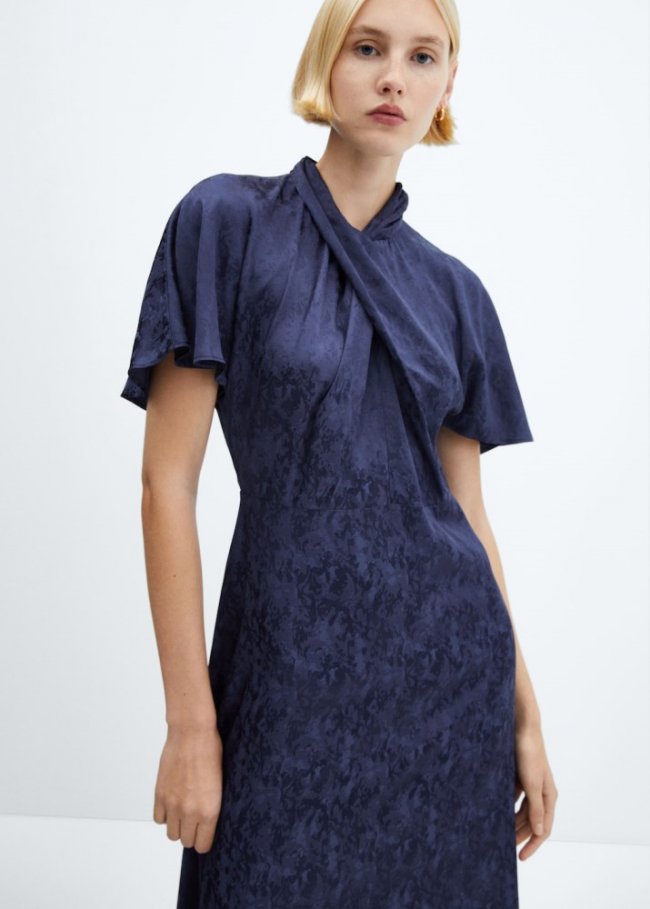 Mango Vestido jacquard cuello cruzado - Azul