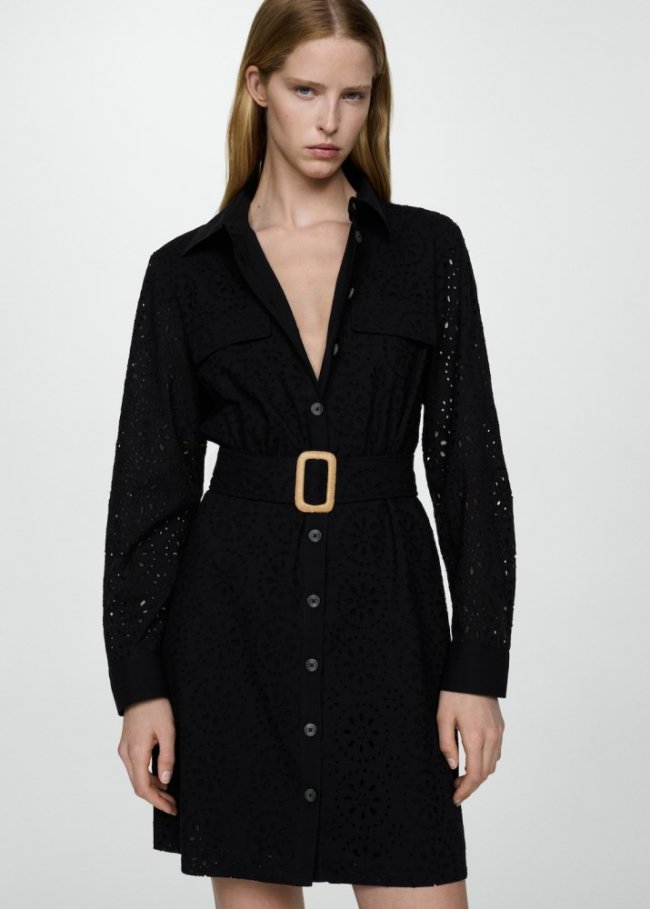 Mango Vestido camisero bordado suizo - Negro