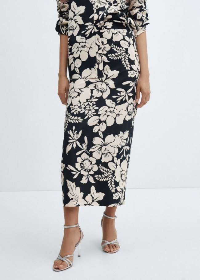Mango Falda larga floral - Negro