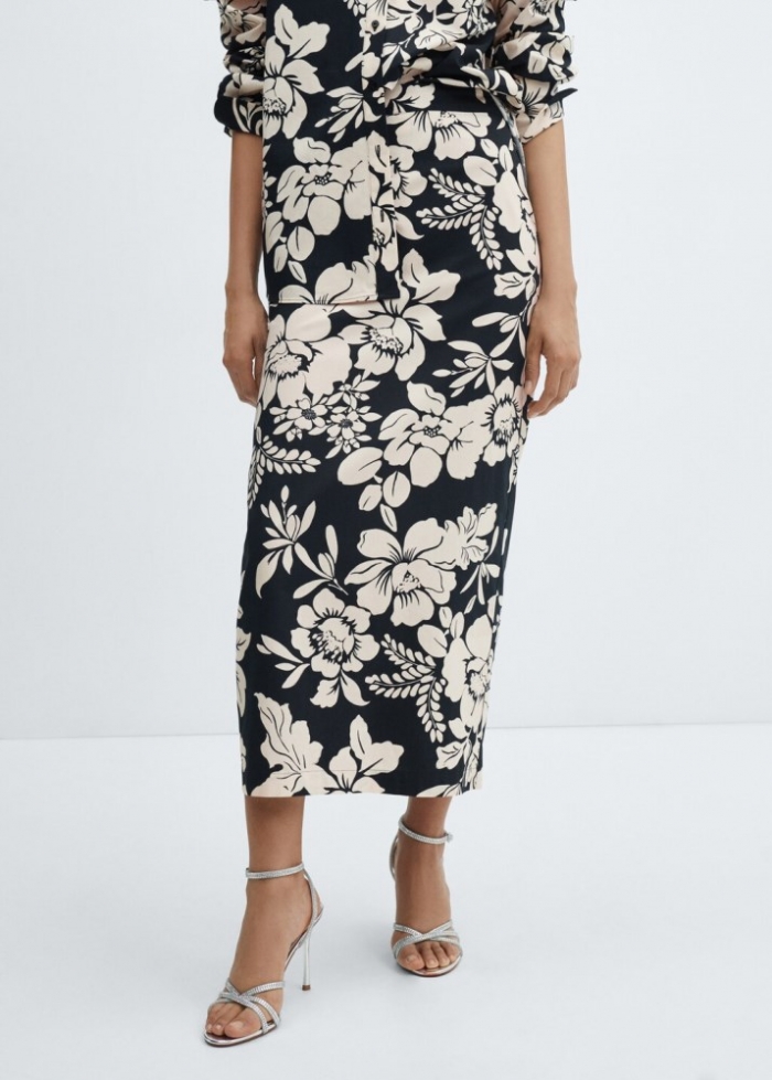 Mango Falda larga floral - Negro
