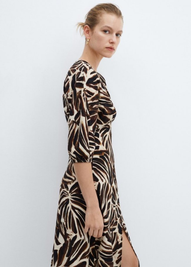 Mango Vestido estampado escote pico - Blanco roto