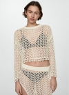 Mango Jersey crochet algodón - Blanco roto