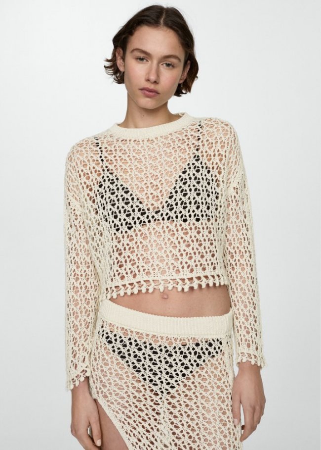 Mango Jersey crochet algodón - Blanco roto
