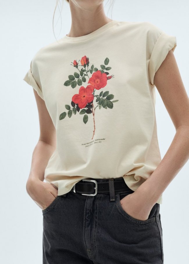 Mango Camiseta algodón flor estampada - Beige