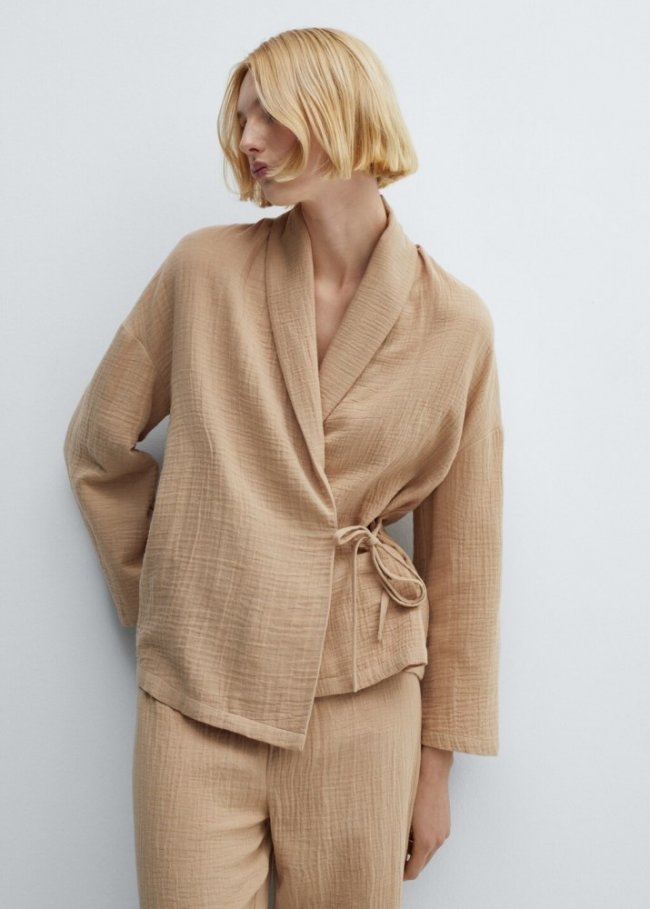 Mango Camisa pijama gasa de algodón - Marrón medio