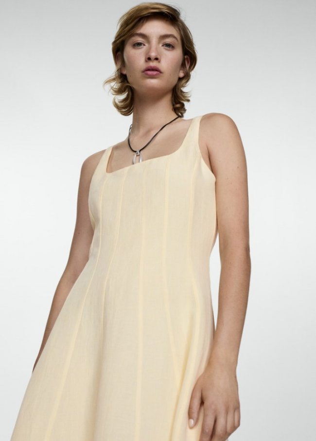 Mango Vestido lino espalda abierta - Amarillo pastel