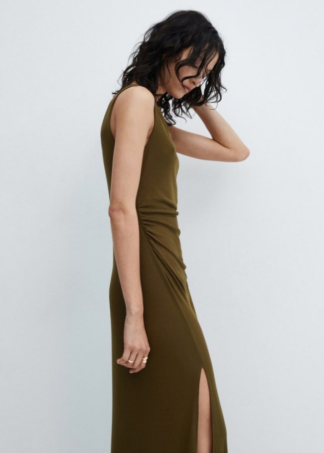 Mango Vestido fruncido abertura - Khaki