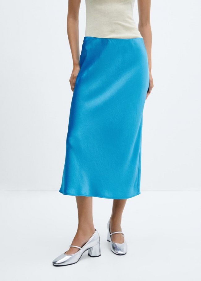 Mango Falda midi satinada - Turquesa