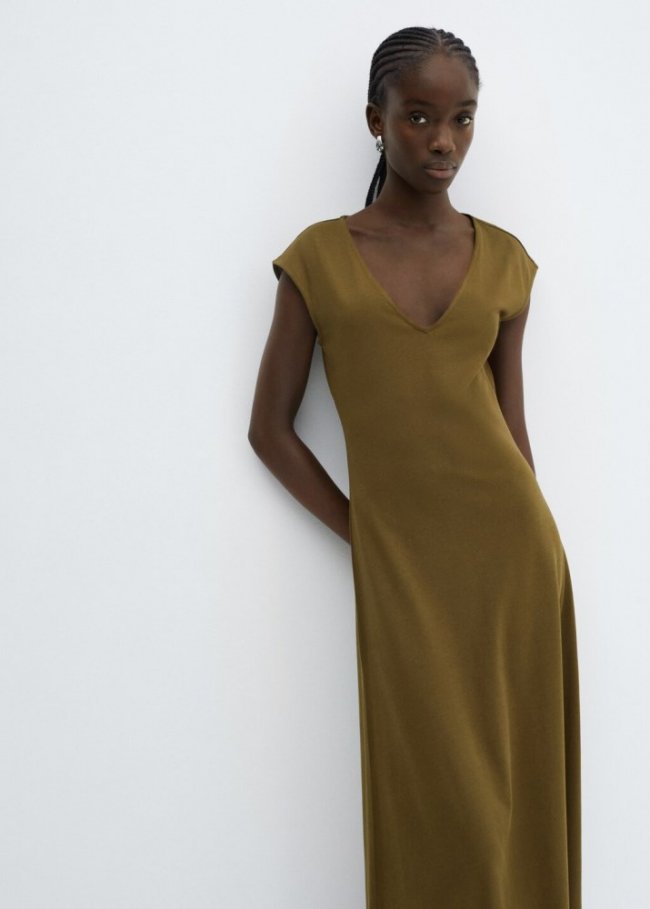 Mango Vestido algodón cuello pico - Khaki