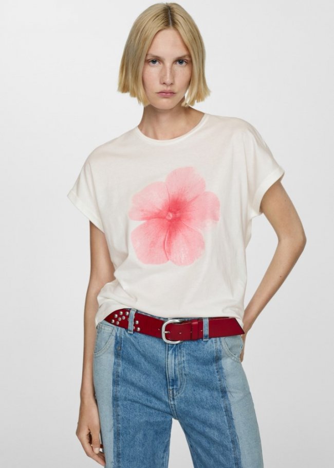 Mango Camiseta estampada algodón - Rosa pastel