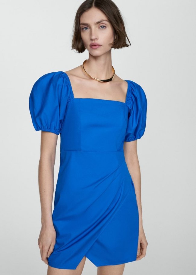 Mango Vestido estampado manga abullonada - Azul