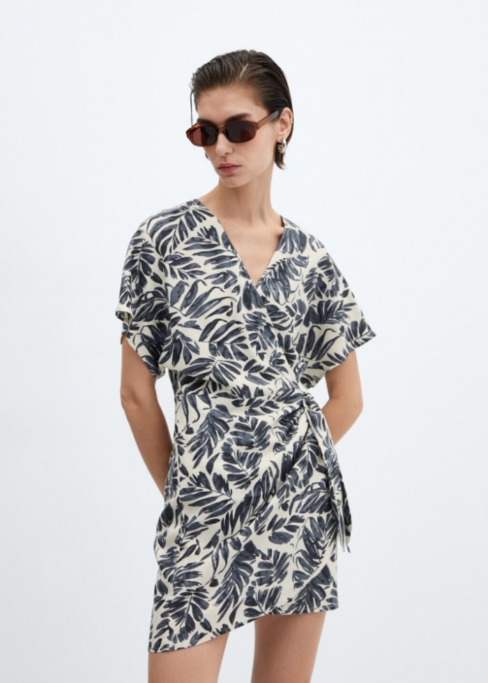 Mango Vestido cruzado lino - Azul marino oscuro