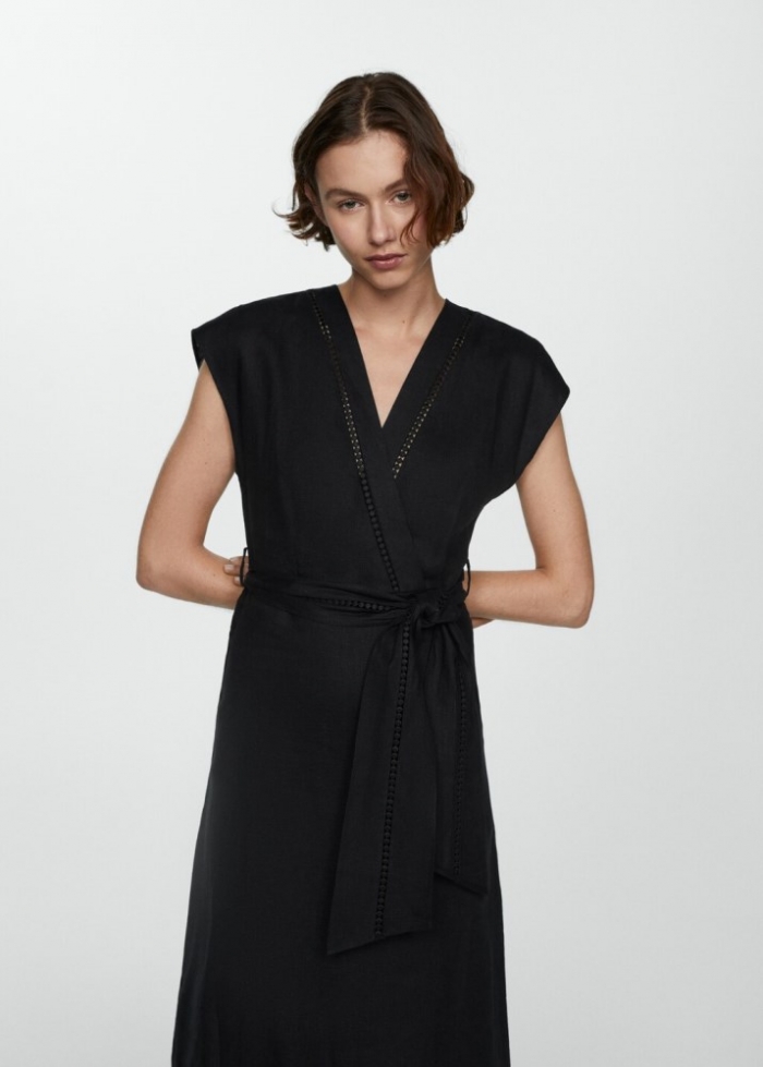 Mango Vestido lazo 100% lino - Negro