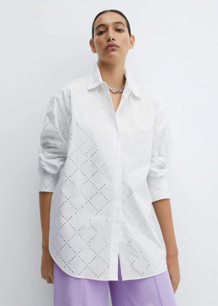 Mango Camisa algodón strass - Blanco