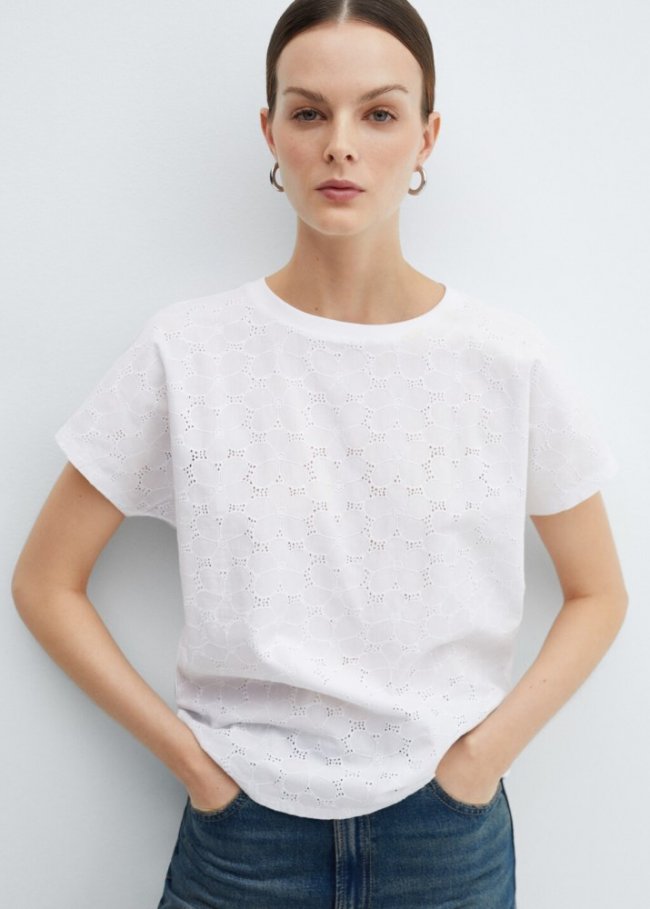 Mango Camiseta calada algodón - Blanco