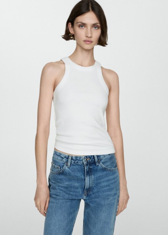 Mango Top canalé algodón - Blanco