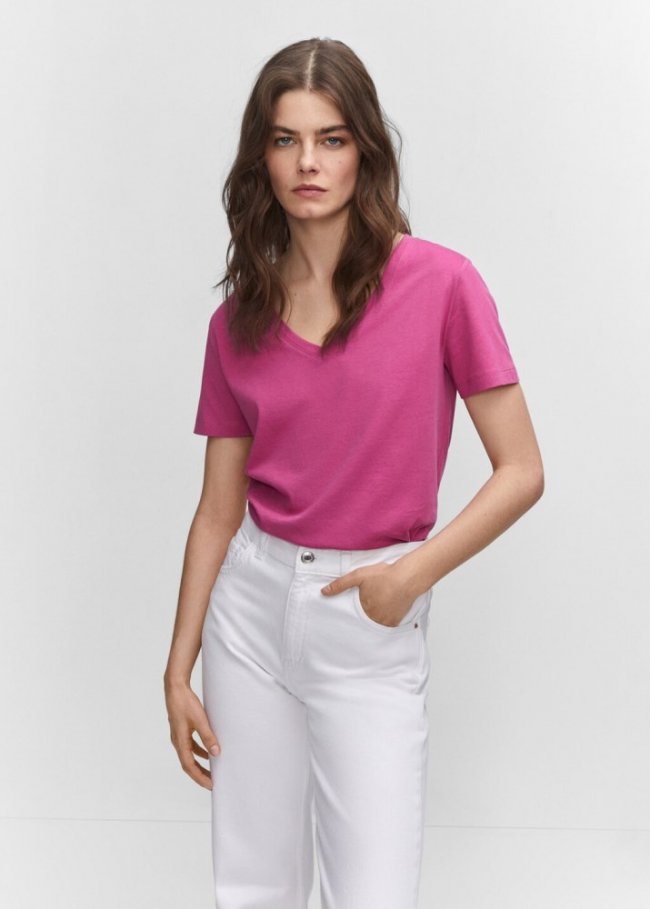 Mango Camiseta algodón cuello pico - Morado claro/pastel