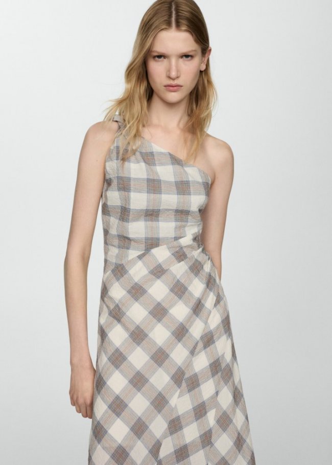 Mango Vestido asimétrico cuadros - Blanco roto