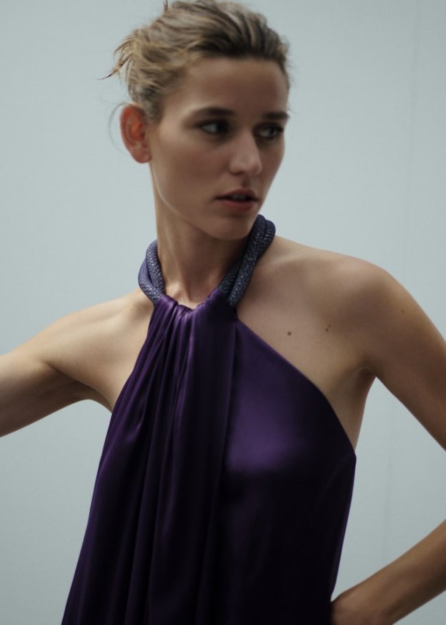 Mango Vestido satinado cuello rígido strass - Morado