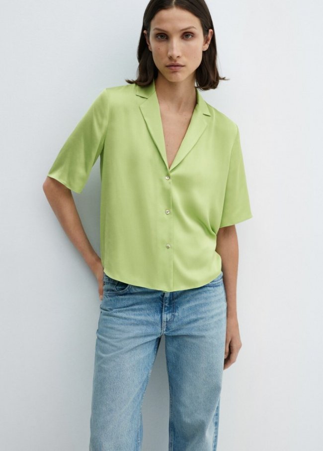 Mango Camisa satinada manga corta - Verde