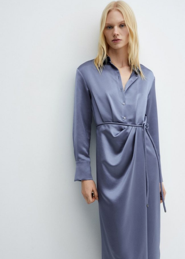 Mango Vestido camisero satinado - Verde agua