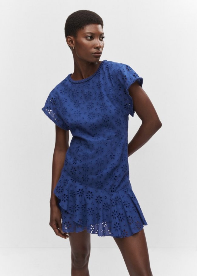 Mango Vestido calados bordados - Azul