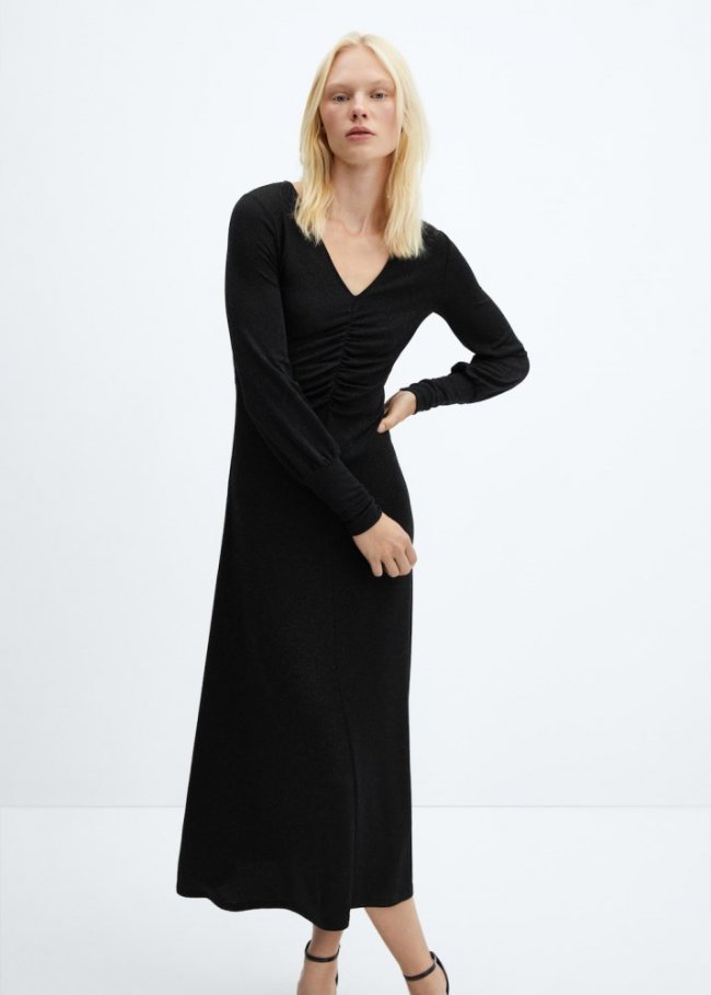 Mango Vestido drapeado brillante - Negro