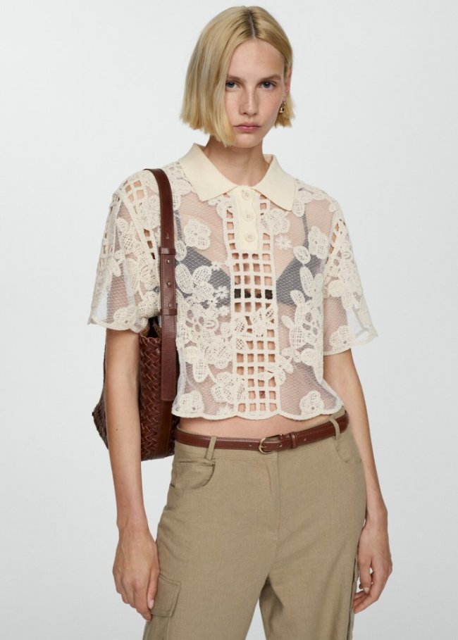Mango Blusa bordada detalles calados - Crudo