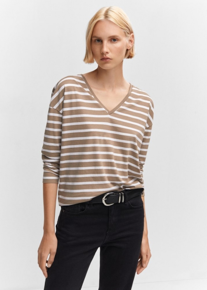 Mango Camiseta algodón cuello pico - Gris claro/pastel