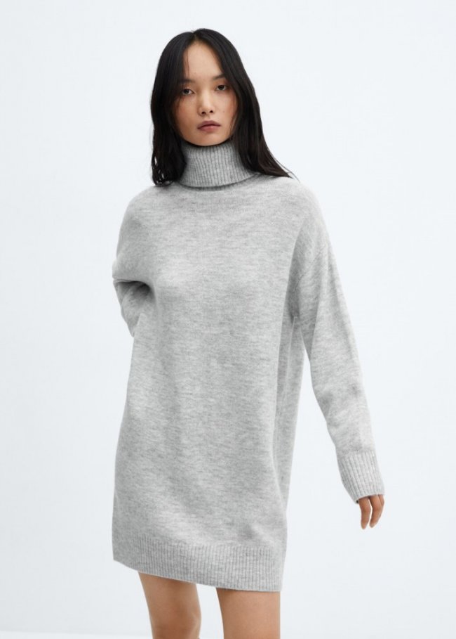 Mango Vestido punto cuello alto - Gris claro vigoré