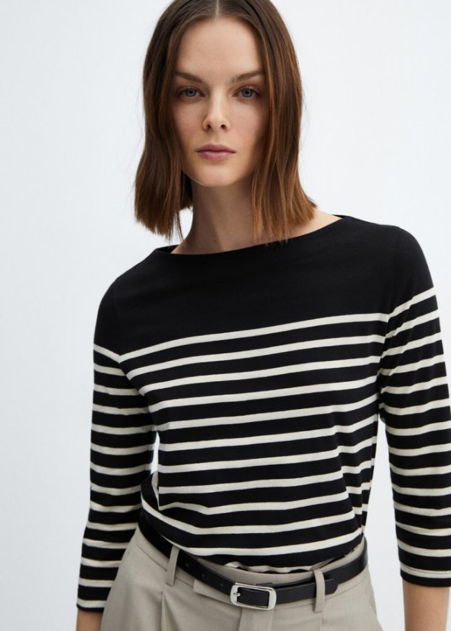 Mango Camiseta rayas cuello barco - Negro