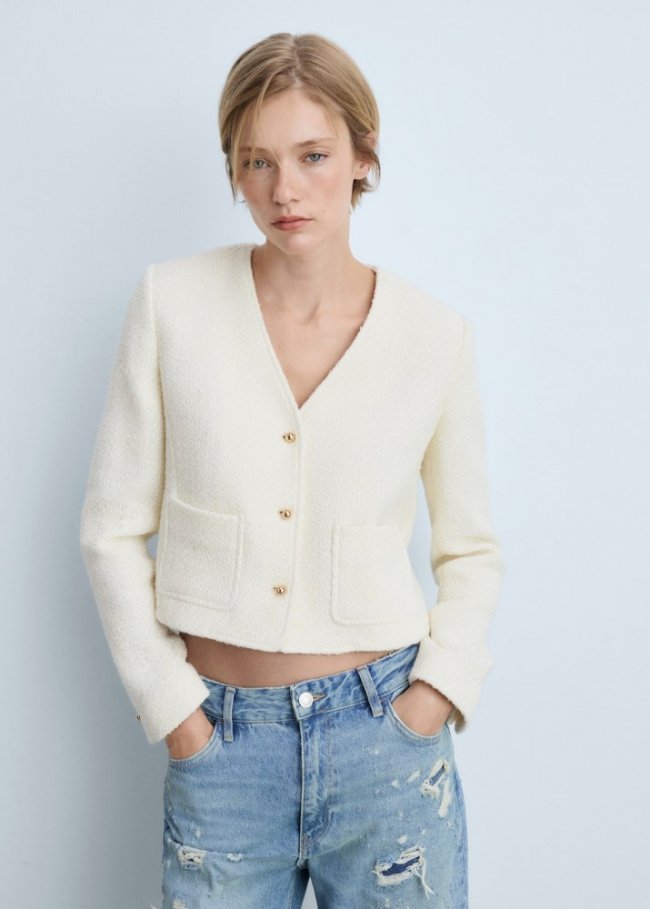 Mango Chaqueta tweed cuello pico - Crudo