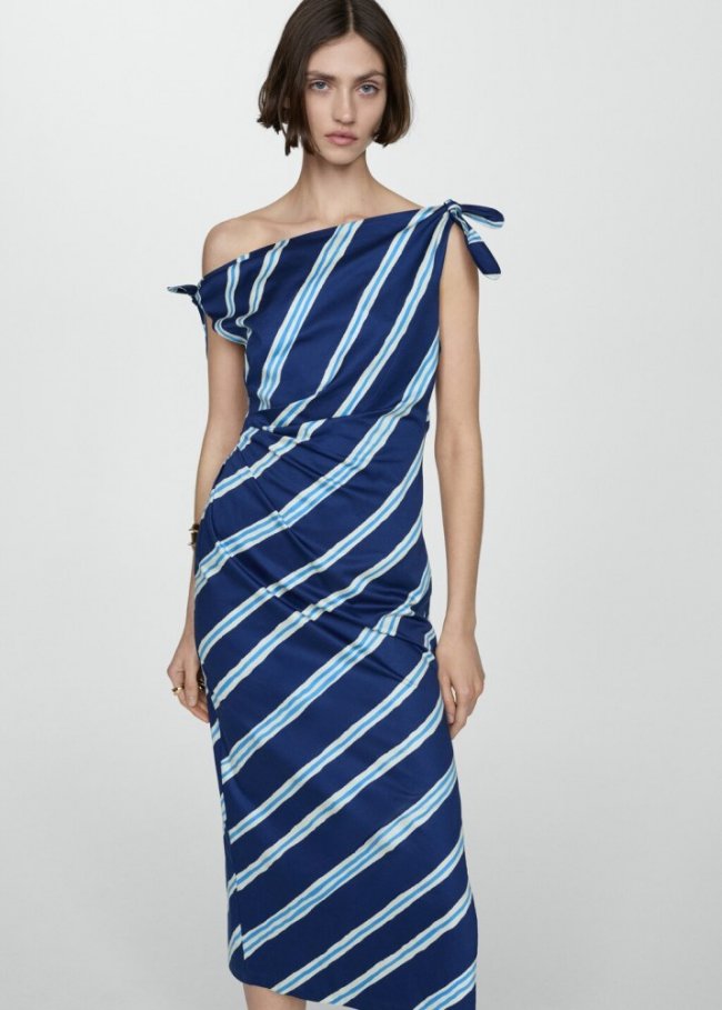 Mango Vestido rayas hombros descubiertos - Azul tinta