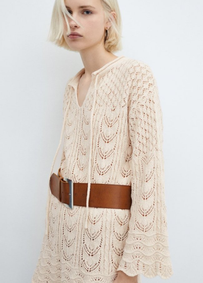 Mango Vestido crochet manga acampanada - Crudo