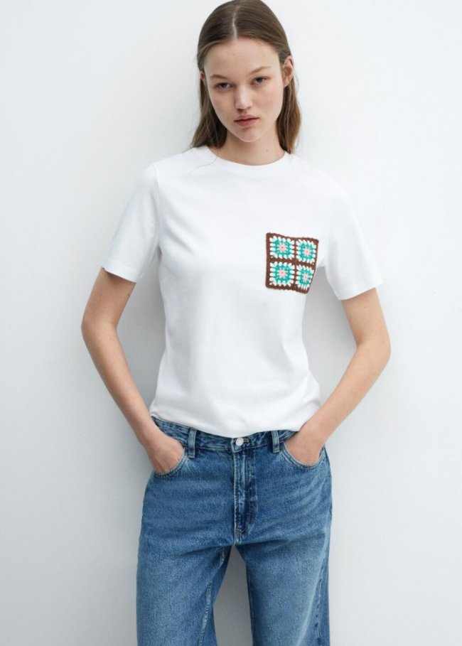 Mango Camiseta bolsillo crochet - Blanco