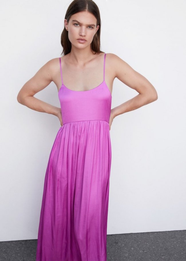 Mango Vestido largo satinado - Fucsia
