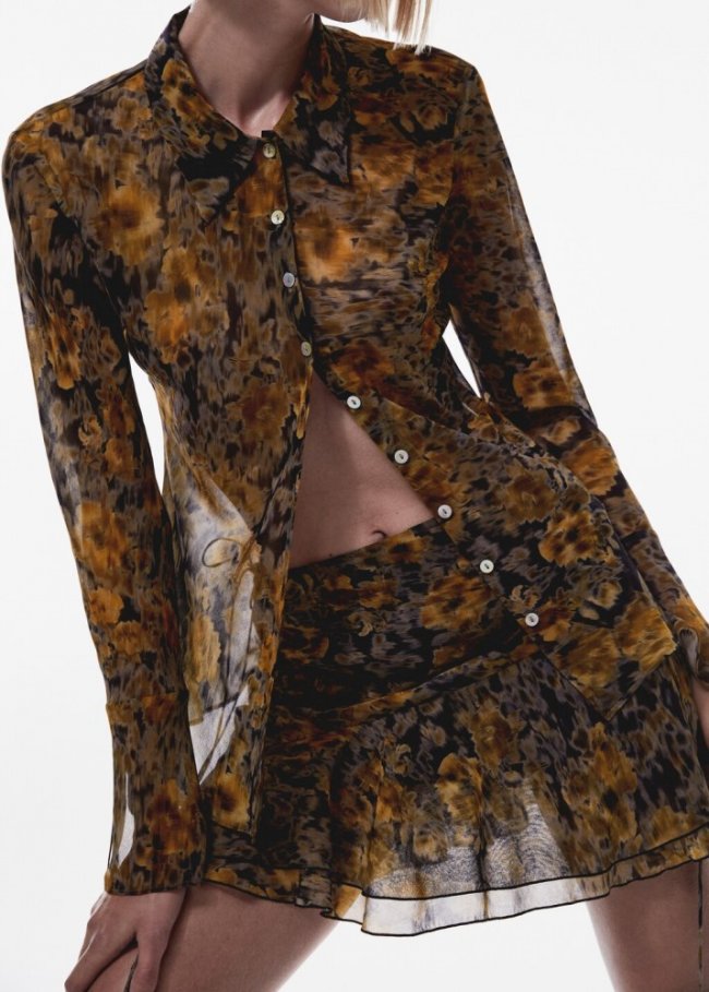 Mango Camisa estampada semitransparente - Marrón