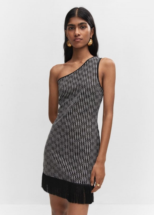 Mango Vestido asimétrico detalle flecos - Negro