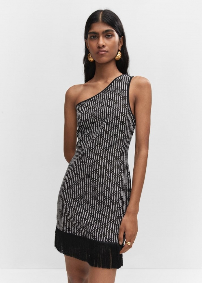 Mango Vestido asimétrico detalle flecos - Negro