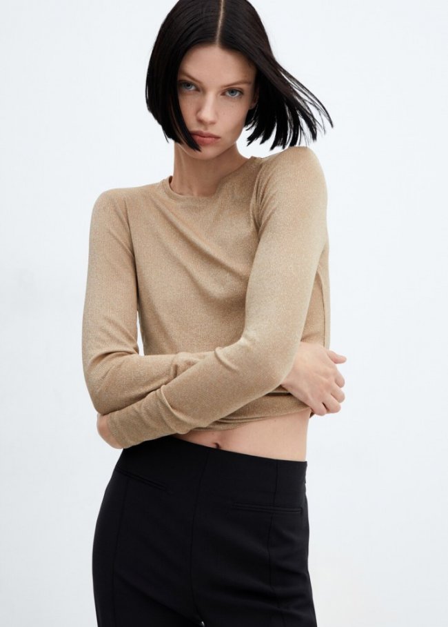 Mango Camiseta lúrex manga larga - Marrón
