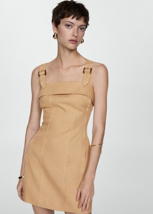 Mango Vestido lino tirantes hebilla - Arena